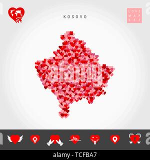 I Love Kosovo. Red and Pink Hearts Pattern Vector Map of Kosovo Isolated on Grey Background. Love Icon Set. Stock Vector