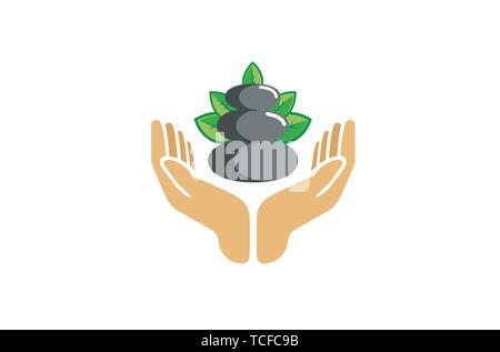 Creative Hands Care Stone Spa Leaves Skins Health Logo Design Symbol Illustration Stock Vector