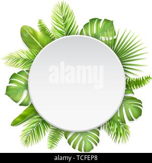 White label with tropical leaves. Leaves of monstera  palm tree and fern. Background for ad discount. Stock Vector