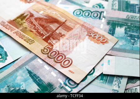 Money background with close up of russian Ruble Stock Photo