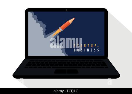 startup business concept with pencil rocket launch in laptop vector illustration EPS10 Stock Vector