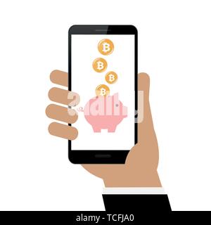 businessman earns bitcoins on smartphone with piggy bank isolated on white background vector illustration EPS10 Stock Vector