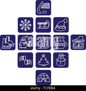 White winter icons in dark blue squares Stock Vector
