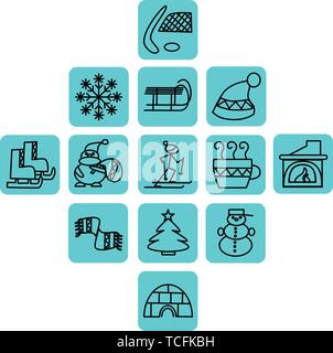 Winter icons in blue squares Stock Vector