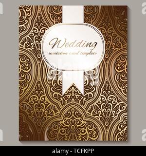 Wedding invitation card with bronze and gold shiny eastern and baroque ...