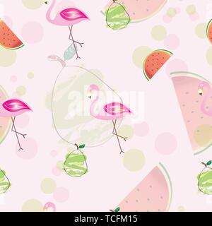 seamless pattern with flamingos - pears and watermelons vector Stock Vector