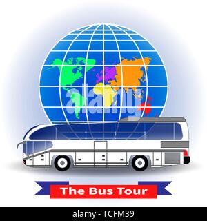 Modern intercity or tourist bus on a globe background. Vector illustration. Trendy concept of a bus tour around the world for infographic, catalogs, i Stock Vector