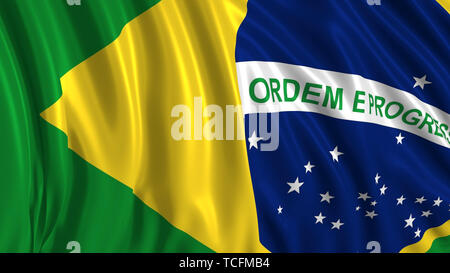 3d rendering of a brazilian flag. The flag develops smoothly in the wind. Wind waves spread over the flag Stock Photo