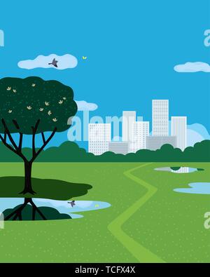 Park lake graphic color city landscape sketch illustration vector Stock ...