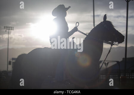 Heber City, Utah, USA. 7th June, 2019. A cowgirl on a horse in the arena at the Utah High School Rodeo Association Finals in Heber City Utah, June 7, 2019. Students from across the state of Utah gathered to compete in Barrel Racing, Pole Bending, Goat Tying, Breakaway Roping, Cow Cutting, Bull Riding, Bareback Riding, Saddle Bronc Riding, Tie Down Roping, Steer Wrestling, and Team Roping. Credit: Natalie Behring/ZUMA Wire/Alamy Live News Stock Photo