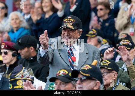 London, UK. 06th June, 2019. President Donald J. Trump greets World War II veterans at the 75th Commemoration of D-Day Thursday, June 6, 2019, at the Normandy American Cemetery in Normandy, France People: President Donald Trump Credit: Storms Media Group/Alamy Live News Stock Photo