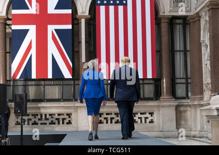London, UK. 04th June, 2019. President Donald J. Trump participates in a joint press conference with British Prime Minister Theresa May Tuesday, June 4, 2019, at No. 10 Downing Street in London. People: President Donald Trump, Theresa May Credit: Storms Media Group/Alamy Live News Stock Photo