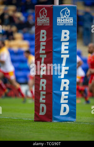 Halliwell Jones Stadium, Warrington, UK. 8th June, 2019. BetFred Super league Rugby, Warrington Wolves versus Catalans Dragons; The Betfred Superleague logos on the posts Credit: Action Plus Sports/Alamy Live News Stock Photo