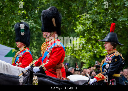 London, UK. 08th June, 2019. Princes Charles, William, Andrew and princess Anne - The Queen’s Birthday Parade, more popularly known as Trooping the Colour.This year the Regiment “trooping” its Colour (ceremonial Regimental flag) was the 1st Battalion Grenadier Guards. Credit: Guy Bell/Alamy Live News Stock Photo