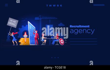 Web site page design template. Vector illustration people are working on hiring, human resources and recruitment together.  Concept illustration. Stock Vector