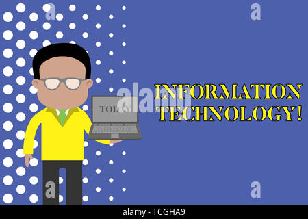 Writing note showing Information Technology. Business concept for use Systems to Store Retrieve Transmit Send Data Standing man in suit wearing eyegla Stock Photo