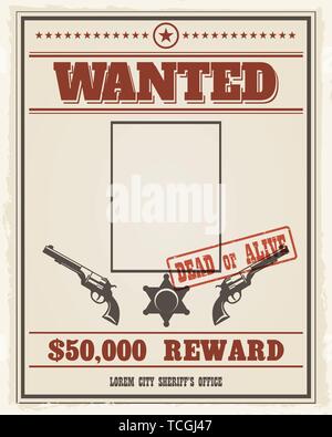 Retro wanted western poster with blank space for portrait. Wanted banner with frame photo. Vector illustration Stock Vector