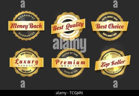Six Realistic golden labels. Premium labels made of gold. Vector illustration Stock Vector