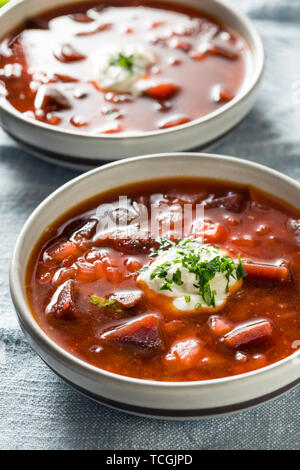 Homemade Russian Beet Borscht Soup with Horseradish Sauce Stock Photo