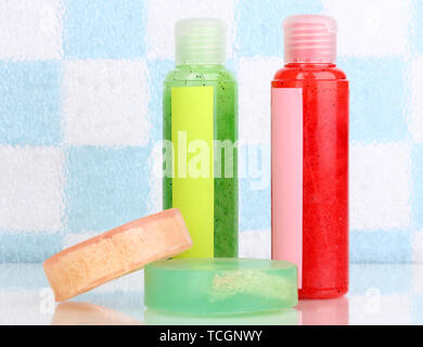 Scrubs and soaps in bathroom Stock Photo
