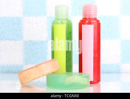Scrubs and soaps in bathroom Stock Photo