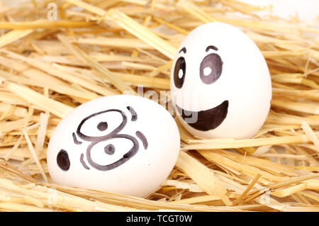 White eggs with funny faces in straw Stock Photo
