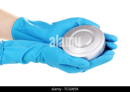 Uranium in hands isolated on white Stock Photo