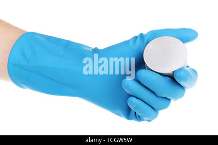 Uranium in hand isolated on white Stock Photo