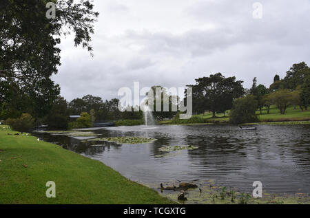 View of Lake Alford at the recreational park at the southern entry of the town of Gympie, Queensland, Australia. Fountain in the middle of the lake. Stock Photo
