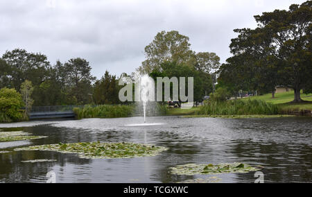 View of Lake Alford at the recreational park at the southern entry of the town of Gympie, Queensland, Australia. Fountain in the middle of the lake. Stock Photo