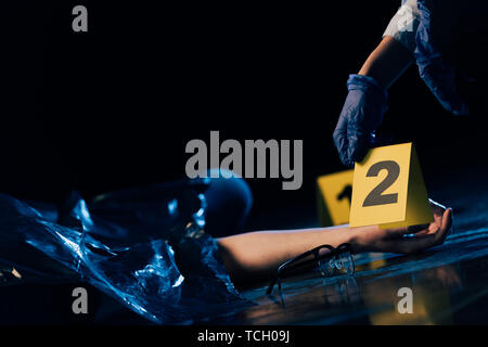 partial view of covered corpse and investigator with evidence marker at crime scene Stock Photo