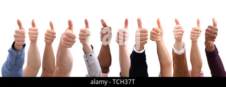 Close-up Of People's Hand Showing Thumb Up Sign Against Isolated On White  Background Stock Photo