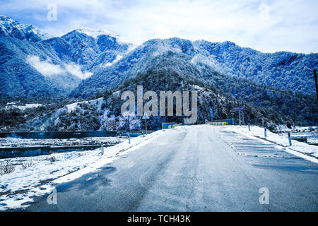 Snowy bald mountain. snowy bald mountain . Snow gum trees covered Snowy mountains Azerbaijan during high skiing season in winter with lots of snow cov Stock Photo