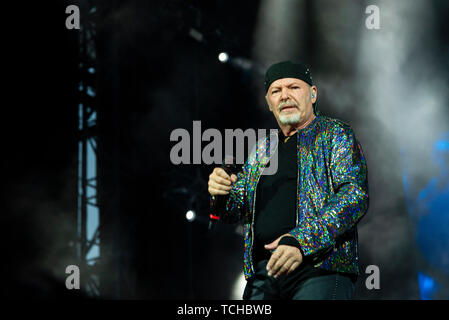 Vasco Rossi performs live on stage at San Siro Stadium during his non stop live music 2019 in Milano. Stock Photo