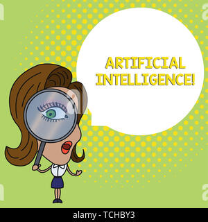 Conceptual hand writing showing Artificial Intelligence. Concept meaning Machine copy Cognitive function like Problem Solving Woman Looking Trough Mag Stock Photo