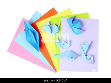 blue origami on bright paper, isolated on white Stock Photo