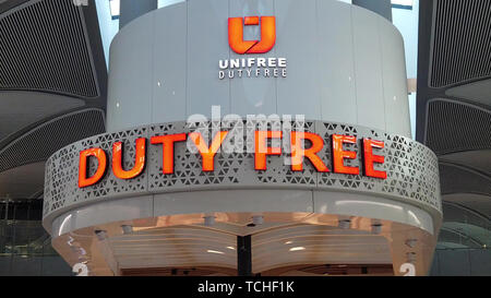 Istanbul, Turkey - May 7, 2019: the sign of Duty Free area in new Istanbul International Airport, Istanbul Yeni Havalimani for Turkish Airlines, close Stock Photo