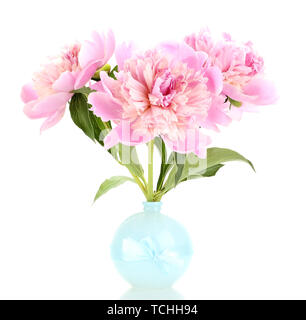 Three pink peonies in vase isolated on white Stock Photo