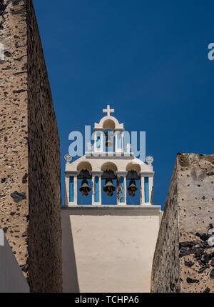 Belltower and bells on Greek Orthodox church in Fira Stock Photo