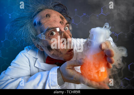 Funny scientist dirty face after explosion in lab Stock Photo