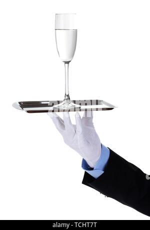 formal waiter with a glass of water on silver tray isolated on white Stock Photo