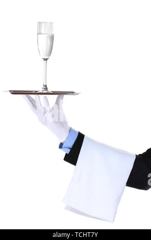 formal waiter with a glass of water on silver tray isolated on white Stock Photo