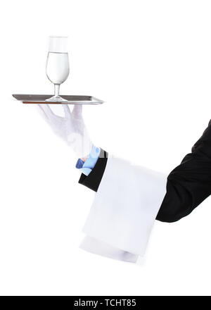 formal waiter with a glass of water on silver tray isolated on white Stock Photo