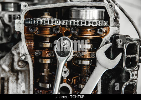 car engine part and tools Stock Photo