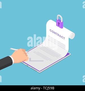 Flat 3d isometric businessman hand sign up on electronic contract. Electronic contract or digital signature concept. Stock Vector