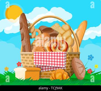 Bread in wicker basket. Nature Stock Vector