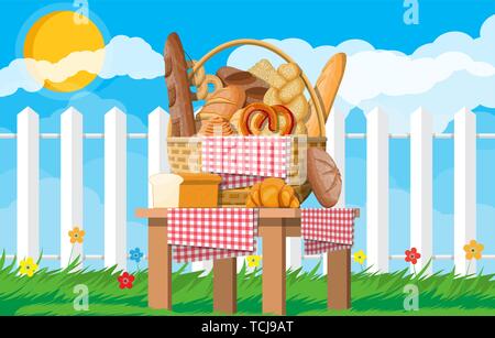 Bread in wicker basket. Nature Stock Vector