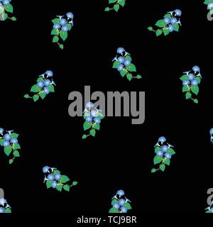 Blue Morning Glory Seamless on Black Background. Vector Illustration. Stock Vector