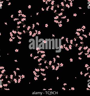 Momo Peach Flower Seamless on Black Background. Vector Illustration. Stock Vector