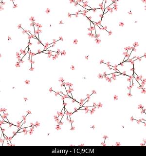 Momo Peach Flower Seamless on White Background. Vector Illustration. Stock Vector